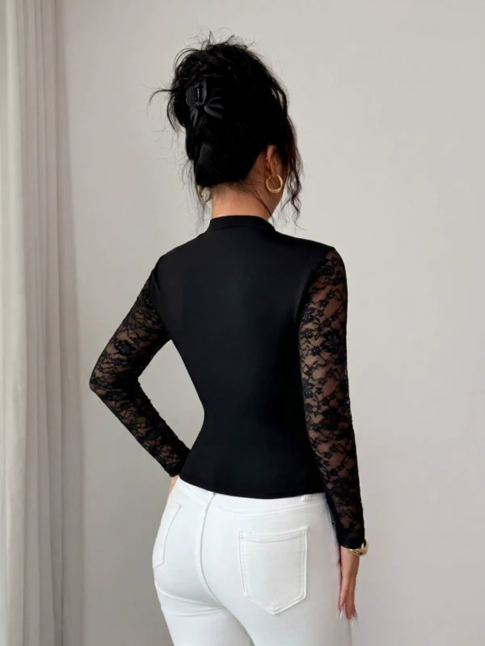 ZARA Womens Fall Casual Lace Cutout Splicing Long Sleeve T Shirt Top